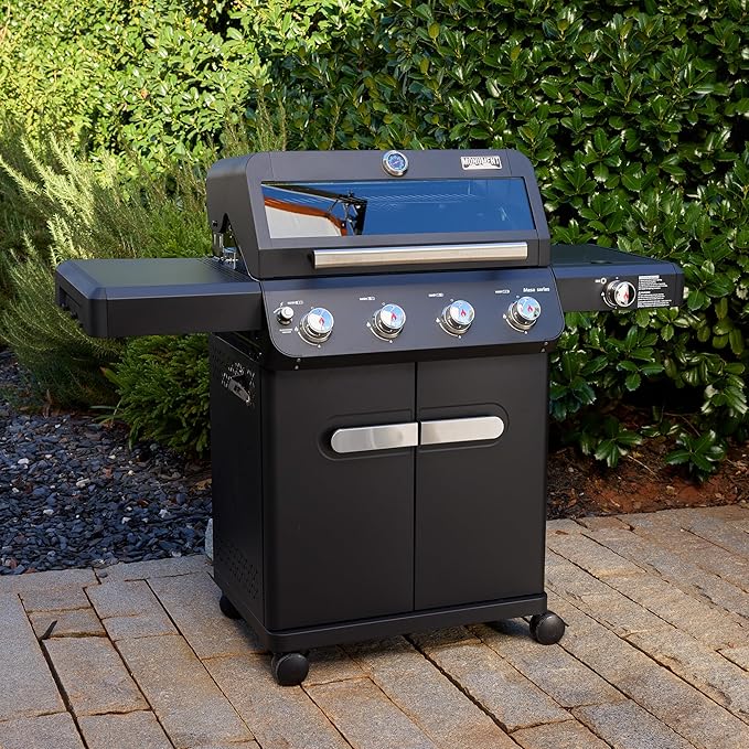 Monument Grills Outdoor Barbecue Stainless Steel 4 Burner Propane Gas Grill, 52,000 BTU Patio Garden Barbecue Grill with Side Burner and Knob Controls, Mesa425 with BBQ Cover