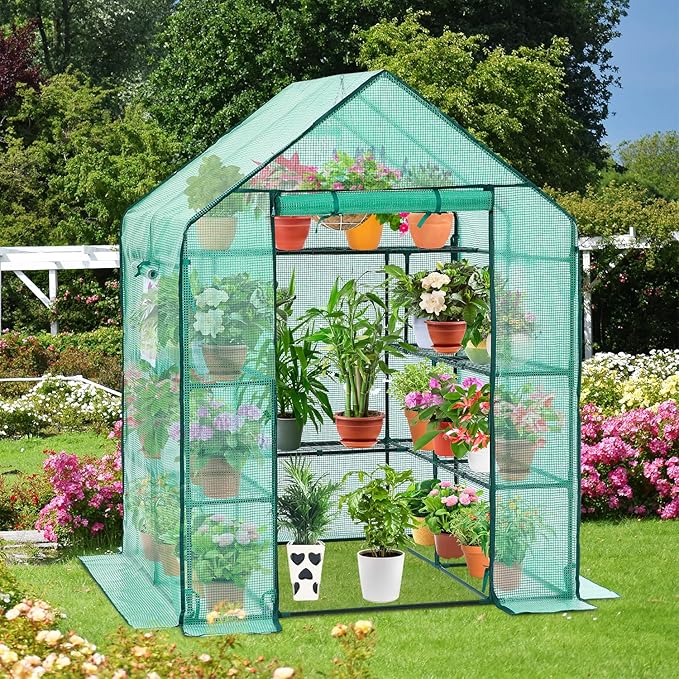 Greenhouse for Outdoors with Screen Windows, Ohuhu Upgraded 4 Tiers 11 Shelves Walk-in Greenhouses with Durable PE Cover, Outside Garden Plastic Green House with Ground Pegs & Ropes for Stability