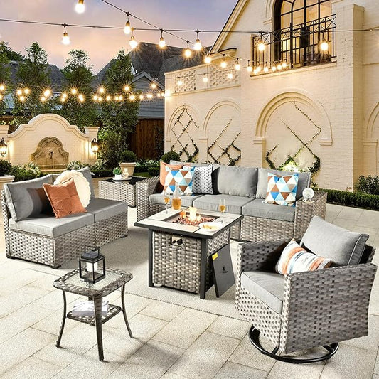 HOOOWOOO 9 Piece Modular Patio Outdoor Sectional Furniture Set with Gas Propane Fire Pit Table,Wicker Conversation Sofa Set with Swivel Chairs,Outside Couch Set(Dark Grey)