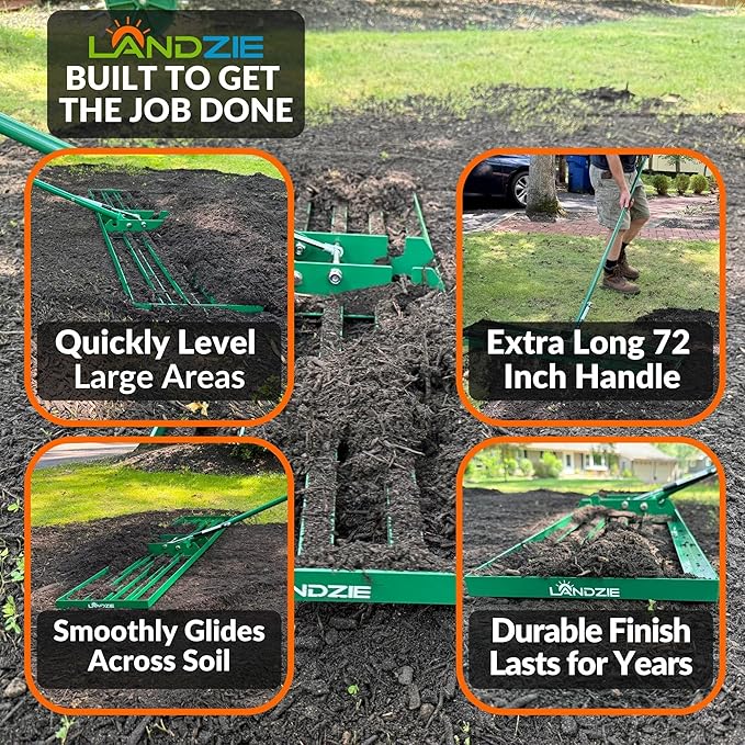 Landzie AeroLeveler - The Lawn Leveling Rake That Never Flips - Patented inch Wide Pneumatic Lawn Level for Yard, Dirt, Soil, Sand, Provides Stability and Control (Pneumatic 48" Leveling rake)