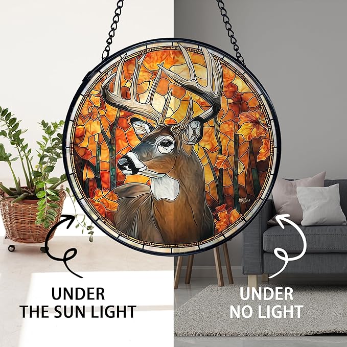TNUW Fall Deer Stained Glass Window Hanging, Rustic Autumn Forest Wildlife Deer Sun Catchers Indoor Window Glass Round Wall Art Decor, Fall Wall Hanging Decorations, 7.9＂x7.9＂