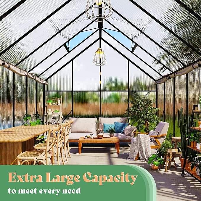 Amerlife 8x10x7 FT Polycarbonate Greenhouse for Outdoors, Walk-in Design with Aluminum Frame, 2 Windows and Swing Door, Heavy-Duty Greenhouse Construction for Garden, Black
