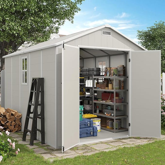 Outdoor Storage Shed, 8x10 FT Resin Shed with Floor and Lockable Door, Window & Vents, Tool Sheds and Outdoor Storage for Bike, Tools, Garden Accessories, Waterproof Sandstone