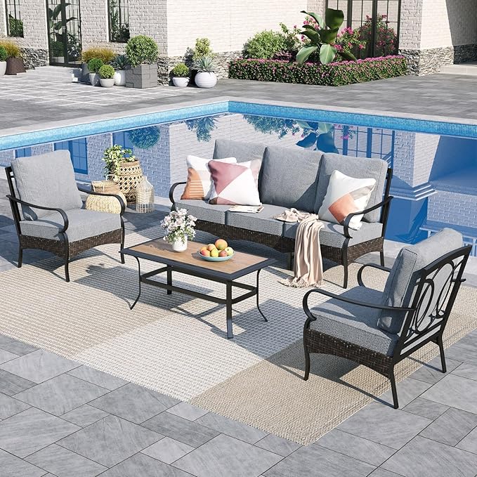 Sophia & William Patio Furniture Set, 4 Piece Metal Outdoor Conversation Set with 3-Seater Outdoor Couch, 2 Sofa Chairs, 1 Coffee Table for Outdoor Seating, Backyard, Porch(Grey)