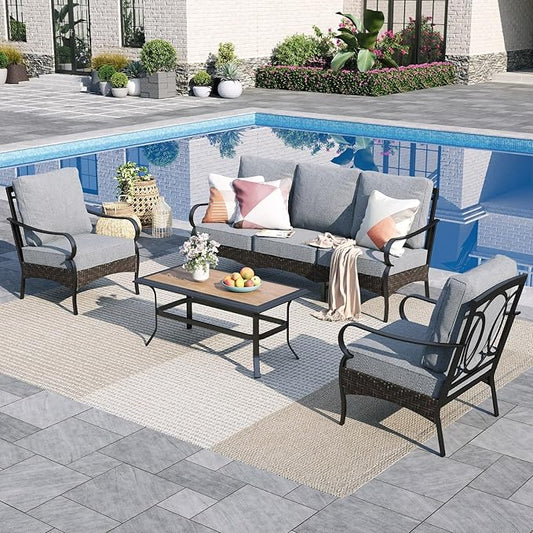 Sophia & William Patio Furniture Set, 4 Piece Metal Outdoor Conversation Set with 3-Seater Outdoor Couch, 2 Sofa Chairs, 1 Coffee Table for Outdoor Seating, Backyard, Porch(Grey)