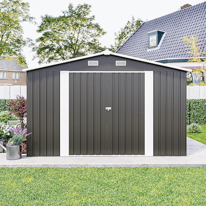 10x14 FT Outdoor Storage Shed, Large Metal Garden Shed with Side Door, Outside Tool Sheds with 3 Lockable Hinged Doors, Waterproof Storage Building with 4 Air Vents for Backyard, Patio, Dark Gray