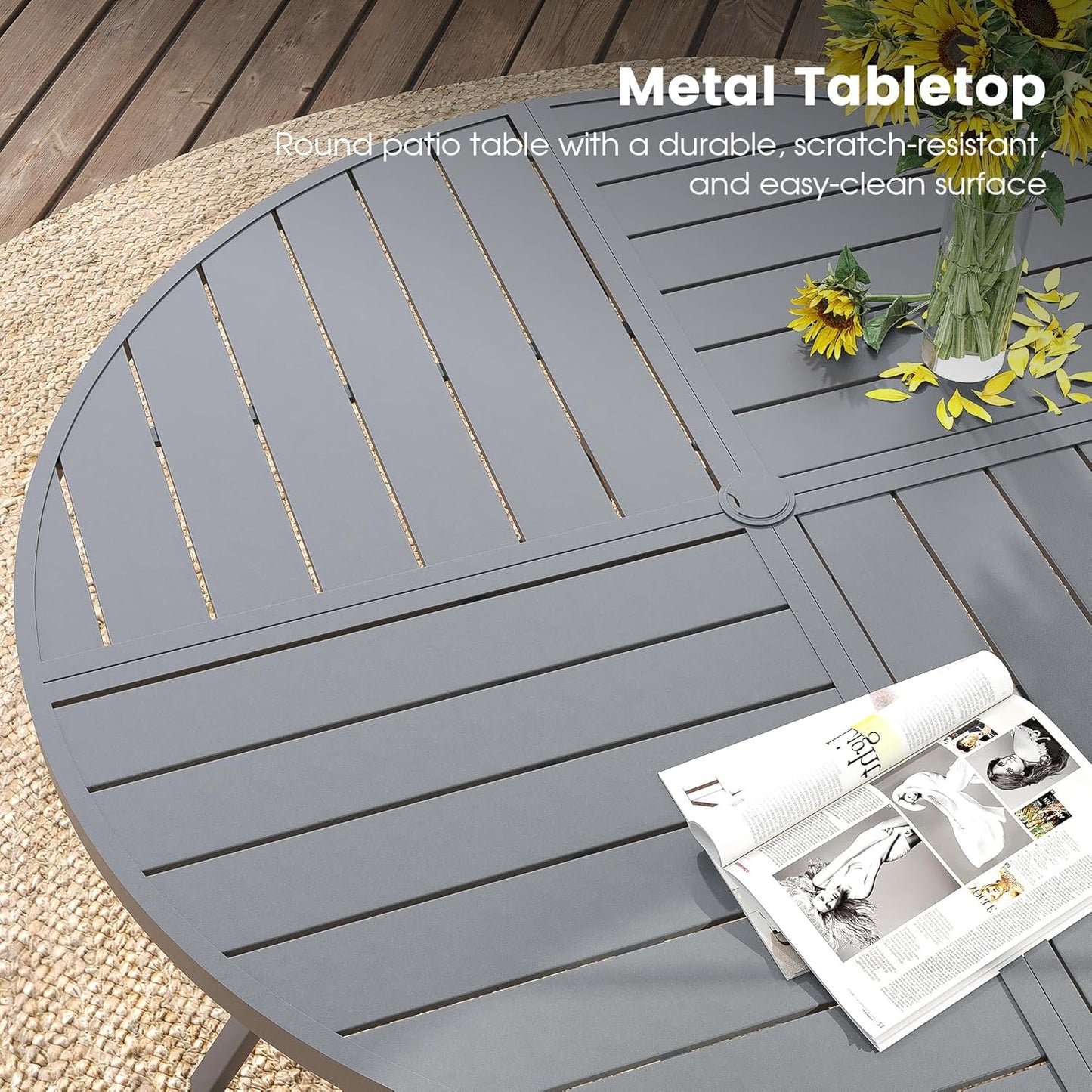 DIFY 53.1" Round Outdoor Patio Dining Table for 6-8, All-Weather Metal Steel Slatted Patio Table with 1.57" Adjustable Umbrella Hole, for Lawn Garden Porch Backyard, Grey