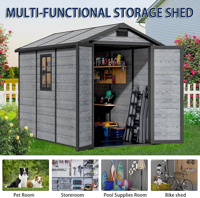 8.7x5.5 FT Resin Outdoor Storage Shed with Floor, Weather-Resistant Plastic Garden Shed with Windows, Lockable Door and Vents, Outside Tool Storage Sheds for Backyard, Garden, Patio, Lawn, Wood Grain