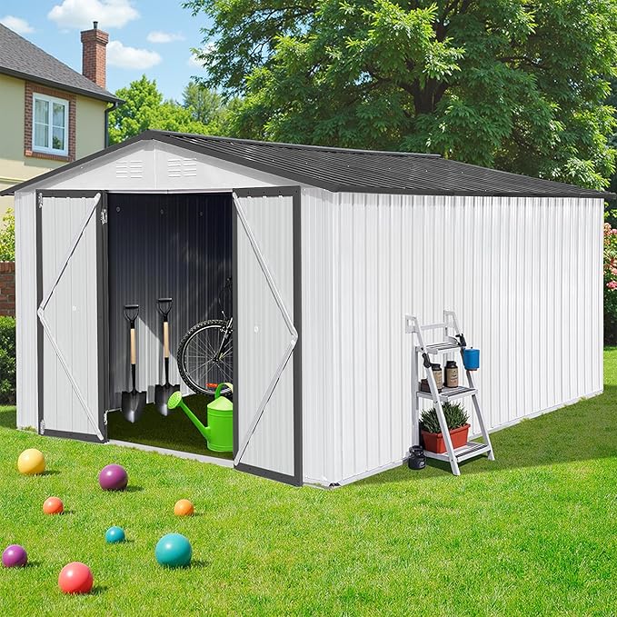 Sheds & Outdoor Storage 12 ft × 10 ft Storage Shed Large Classic Apex Roof Metal Garden Storage Sheds with Hinged Door Tool Cabinet for Backyard, Patio, Poolside, White + Gray