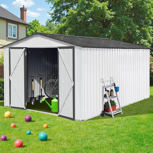 Sheds & Outdoor Storage 12 ft × 10 ft Storage Shed Large Classic Apex Roof Metal Garden Storage Sheds with Hinged Door Tool Cabinet for Backyard, Patio, Poolside, White + Gray