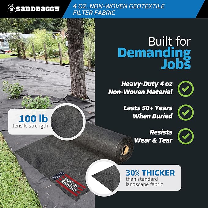 Sandbaggy Non Woven 4 oz Geotextile Landscape Fabric | Industrial Grade Fabric | 100 Lbs of Tensile Strength | UV Protected from Sun Exposure | Approved by DOT (3 ft x 360 ft Roll)