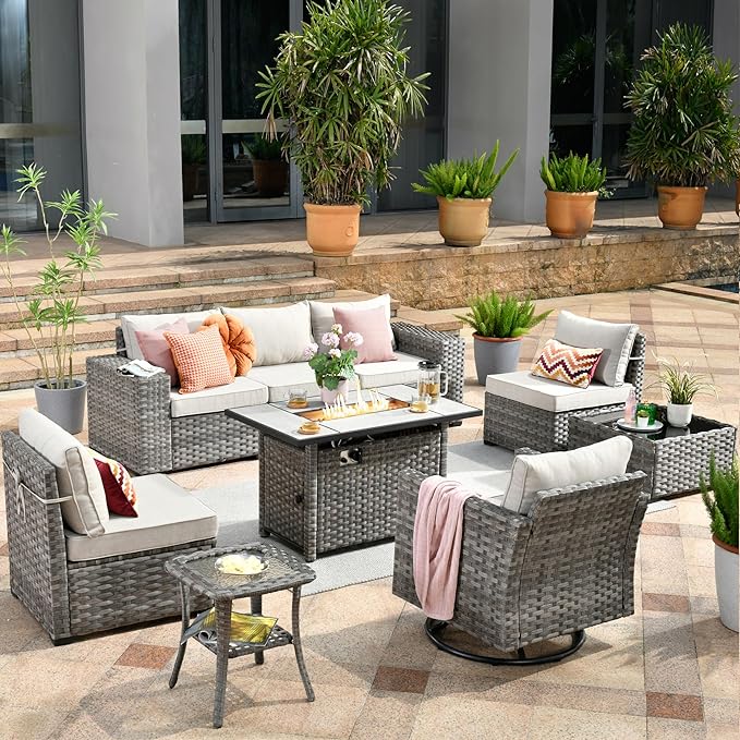 HOOOWOOO 9 Piece Modular Patio Outdoor Sectional Furniture Set with Large Propane Fire Pit Table,Wicker Conversation Sofa Set with Swivel Chairs,Outside Couch Set(Beige)