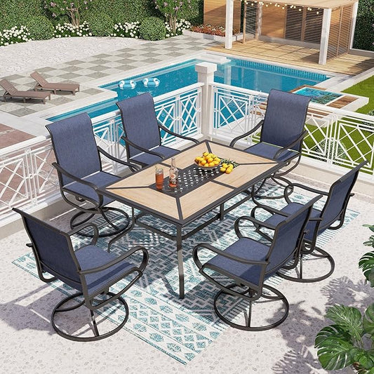 PHI VILLA 7 Piece Patio Dining Set, 6 Swivel Patio Chairs with Textilene Mesh Fabric & Rectangular Wooden-Like Dining Table(1.6" Umbrella Hole), All Weather Patio Chairs and Table Set for Deck (Blue)