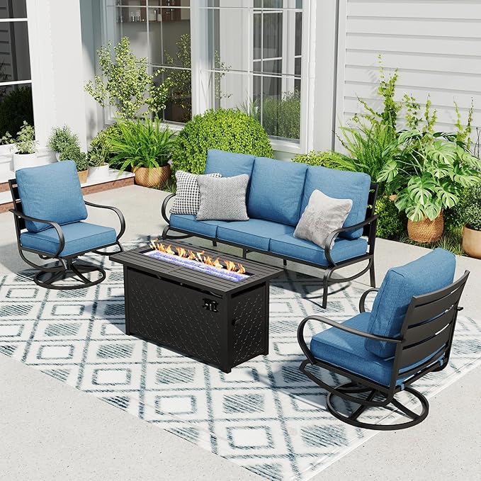 Sophia & William Patio Furniture Sets with 45" Gas Fire Pit Table Outdoor Metal Conversation Sets for 5, 2 x Swivel Cushioned Patio Sofa Chairs, 1 x 3-Seat Sofa 4 Pieces for Lawn Backyard Navy