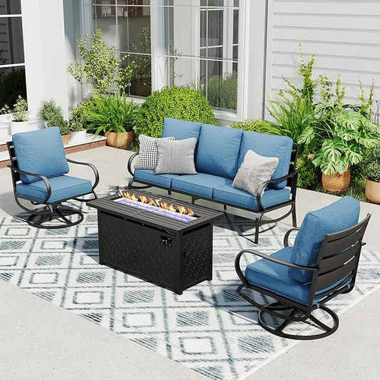 Sophia & William Patio Furniture Sets with 45" Gas Fire Pit Table Outdoor Metal Conversation Sets for 5, 2 x Swivel Cushioned Patio Sofa Chairs, 1 x 3-Seat Sofa 4 Pieces for Lawn Backyard Navy