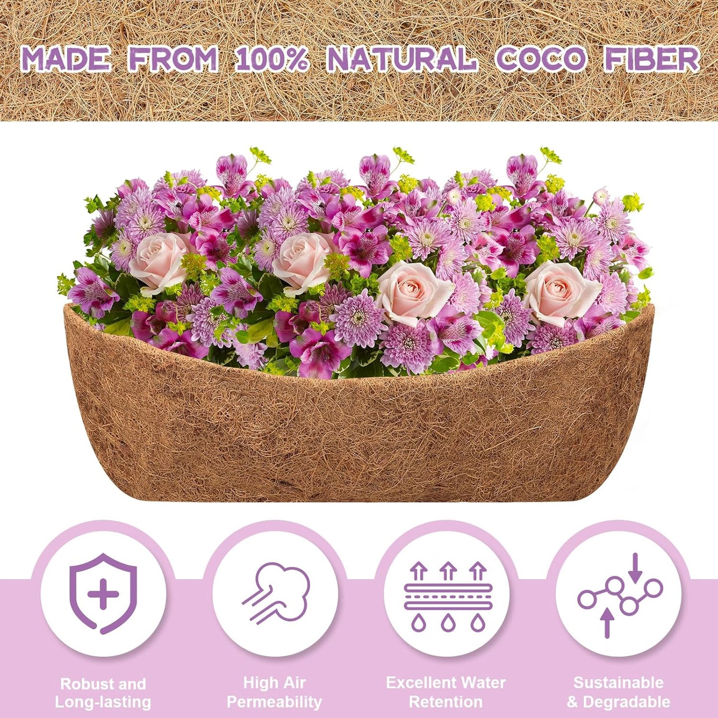 Riare 4 Pack 36 Inch Trough Coir Liners for Planters, Pre-Formed Coconut Coir Replacement Natural Coco Fiber Window Box Liners for Wall Planter, Window Basket Deck Railing Planter