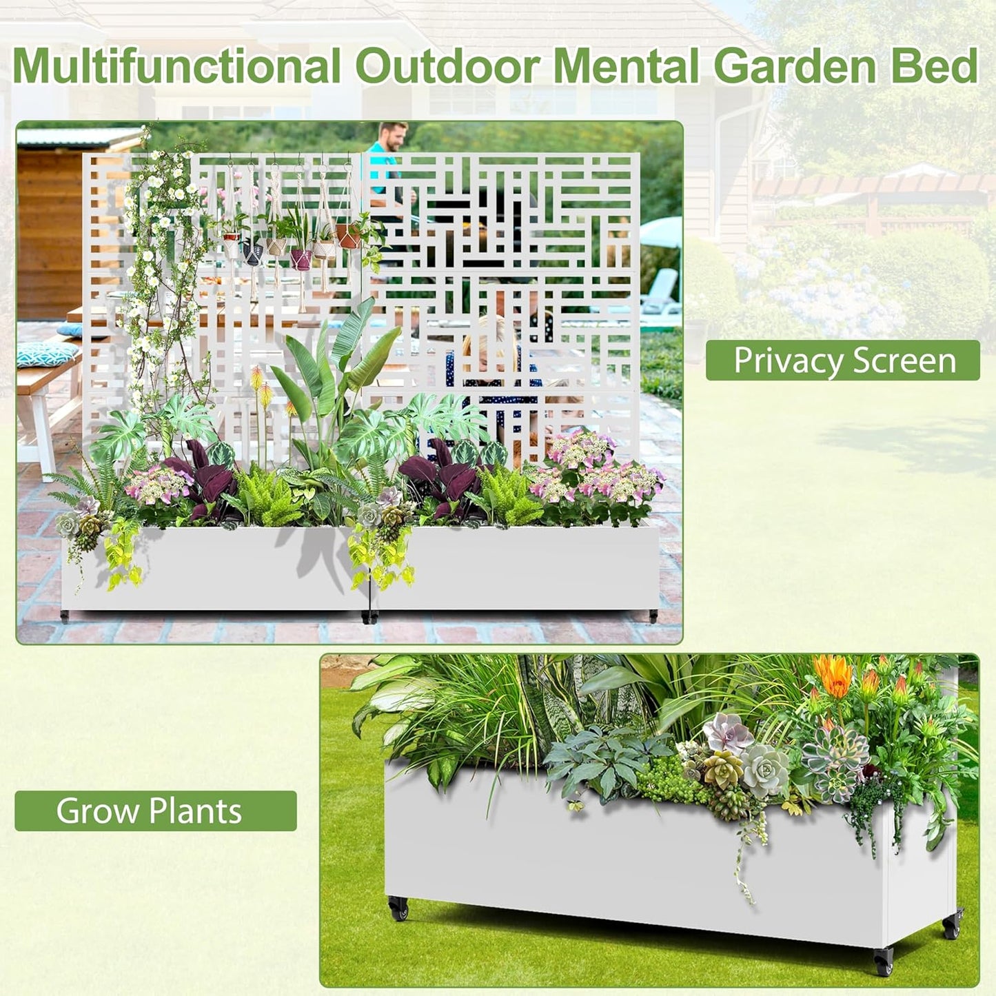 Raised Garden Bed with Trellis and Wheels,73"x47"x16" Metal Raised Garden Bed,White Modern Metal Planter with Climbing Trellis for Vines & Vegetables