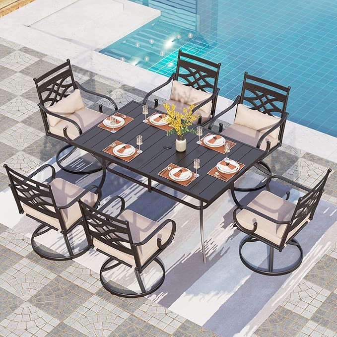 PHI VILLA 7 Pcs Patio Dining Sets,Outdoor Table Chair Set for 6 with Outdoor Swivel Chairs and Metal Frame Steel Rectangular Table,Outdoor Dining Furniture with Cushion and Pillow for Garden Lawn Deck