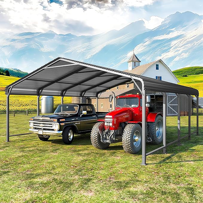 20x20 FT Metal Carport for 2 Cars, Heavy Duty Canopy Carport with Updated Roof & Enhanced Base, Garage Vertaile for RV Car, Truck, Boat, Tractors, Party, Grey