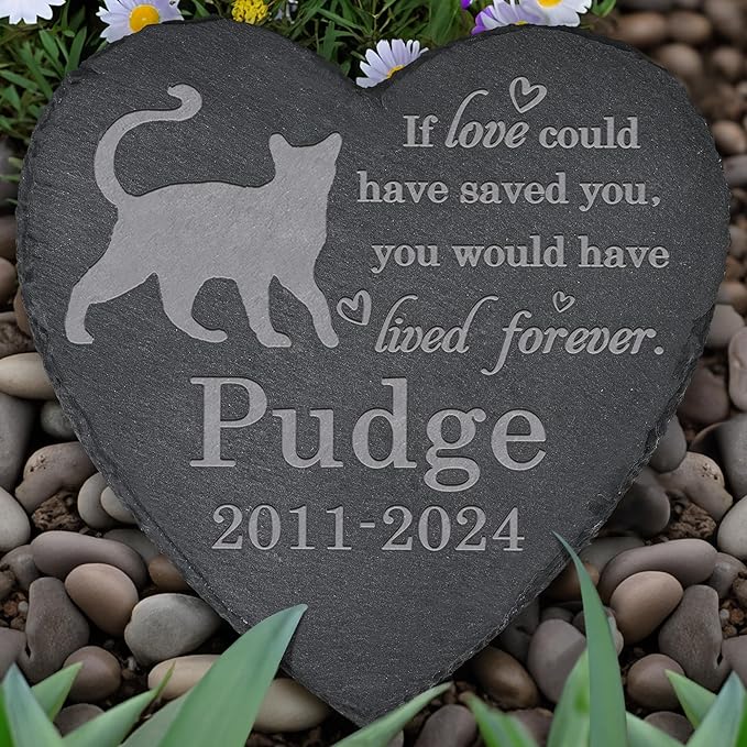 Cat Memorial Stone Cat Garden Statue - Cat Memorial Gifts - Cat Tombstone - Cat Loss Gift - Loss of Pet Cat - Heart