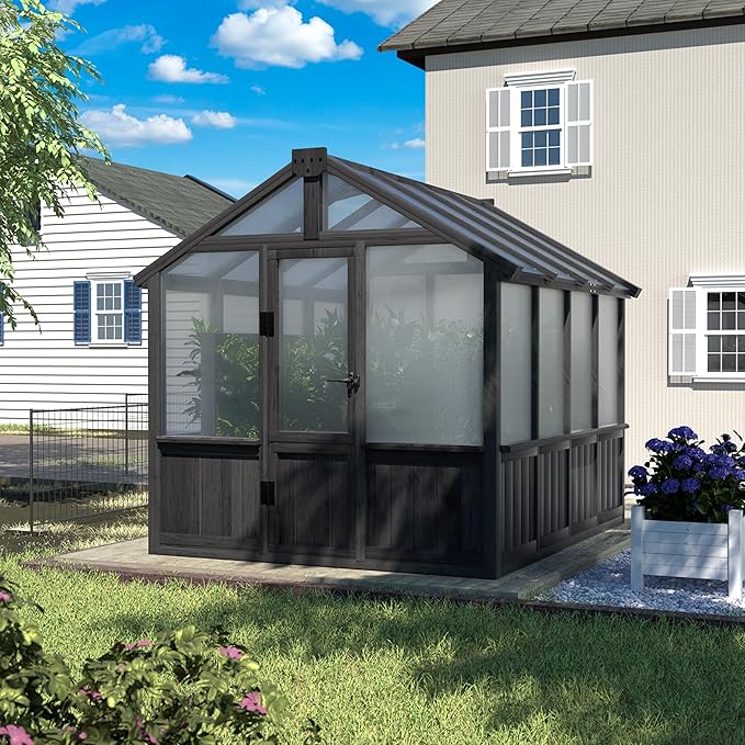 BlueWish 6x8FT Greenhouse, Greenhouse for Outdoor with Cedar Frame, Adjustable Vent, Wood Greenhouses with Polycarbonate Panel, Green House for Outside, Garden, Backyard, Black