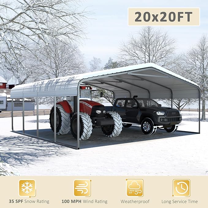20x20 FT Carport with Metal Roof, Heavy Duty Metal Carport Canopy, Garage Car Shelter Shade for Outdoor, Car, Truck, Eggshell
