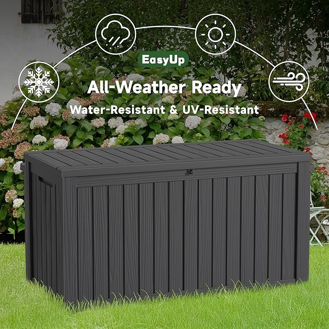 150 Gallon Outdoor Storage Box Waterproof, UV Resistant Resin Deck Box with Hydraulic Rod, Reinforced Stability for Patio, Garden, and Pool, Striped Black