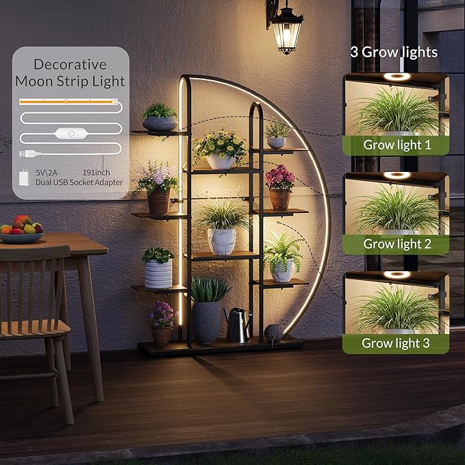 Big Plant Stand Indoor with Grow Lights and LED Light, 61”Tall Metal Plant Shelf Flower Stand for Multiple Plants, 9 Tier Moon-Shaped Plant Rack Large Display Plant Holder for Living Room Balcony