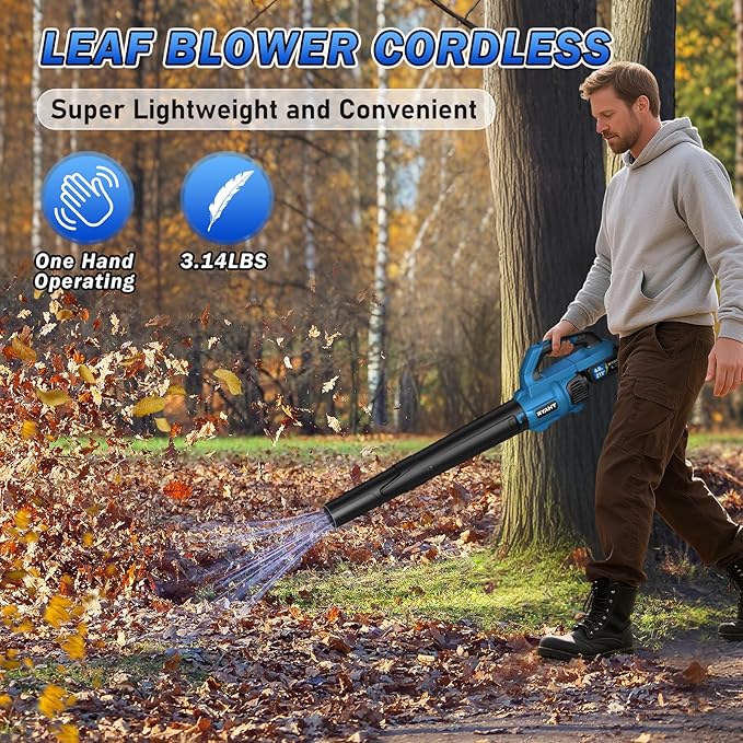 RYAHT Leaf Blower Cordless, 21V Powerful Electric Leaf Blower with 2 X 4.0Ah Batteries and Charger, 2 Speed Modes, Handheld Lightweight Leaf Blowers for Lawn Care, Patio, Dust, Blowing Leaves, Blue