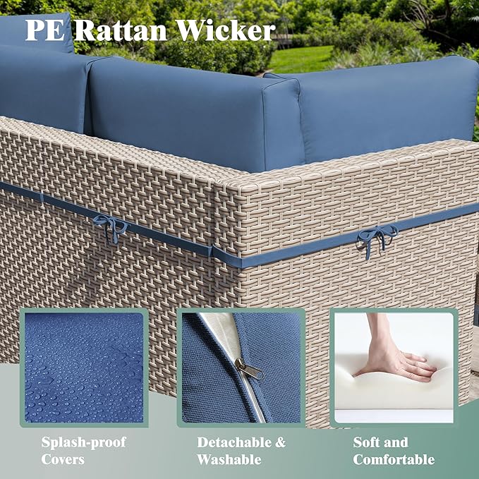 7 Pieces Patio Furniture Set, Outdoor Sectional Wicker Sofa with Thick Cushions and Storage Coffee Table, Rattan Patio Conversation Sets for Deck Yard Poolside, Navy