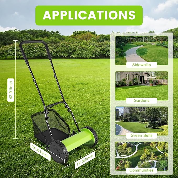12In Manual Lawn Mower with 6-Gal Grass Catcher 5 Manganese Steel Blades Adjustable Height Rust-Proof Push Reel Lawn Mower for Gardens, Yards, Parks