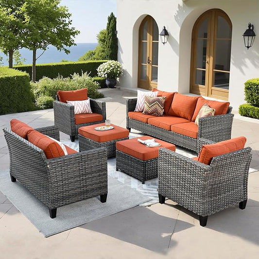 ovios Patio Furniture Set, 6 Pieces Outdoor Wicker Sofa Couch with Loveseat, Ottomans and Comfy Cushions, All Weather High Back Rattan Conversation Set, Orange Red