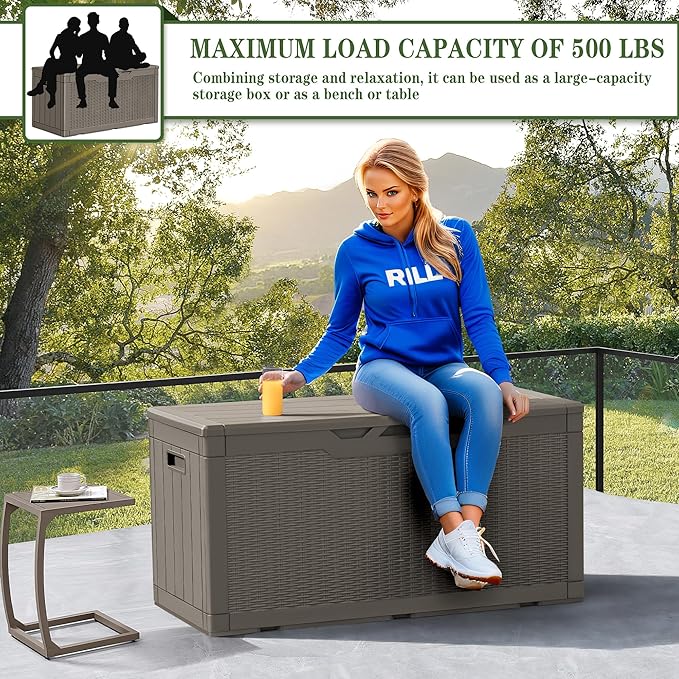 Greesum 100 Gallon Resin Deck Box Large Outdoor Storage, Imitation Rattan Weave Texture for Patio Furniture, Garden Tools, Pool Supplies, Weatherproof and UV Resistant, Lockable, Light Coffee