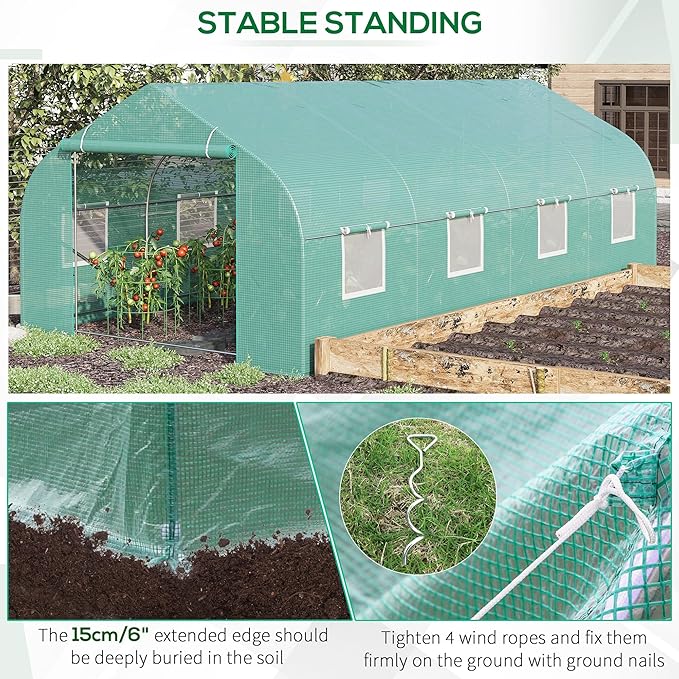 Outsunny 20' x 10' x 7' Outdoor Walk-in Greenhouse, Tunnel Green House with Roll-up Windows, Zippered Door, PE Cover, Heavy Duty Steel Frame, Green