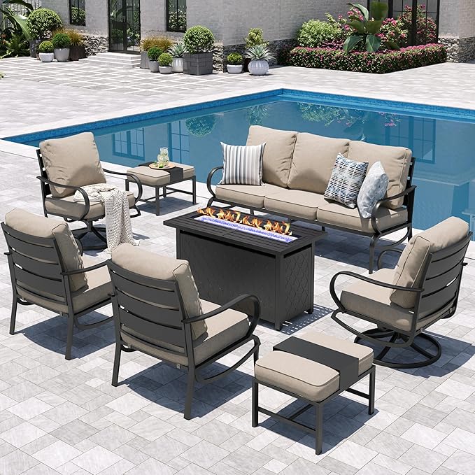 Sophia & William Patio Furniture Sets for 9 with 45" Gas Fire Pit Table Outdoor Conversation Sets 8 Pcs, 2xSofa Chairs, 2xSwivel Cushion Chairs, 1x3-Seat Sofa, 2xOttomans for Porch Poolside Beige