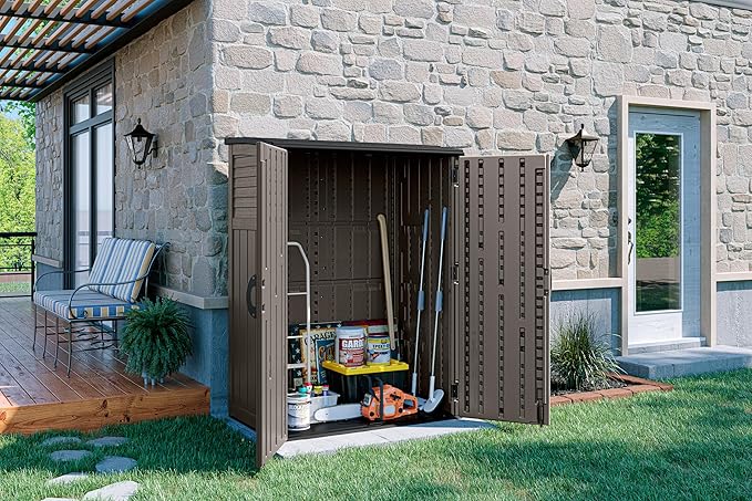 Suncast 54 Cubic Ft. Vertical Resin Outdoor Storage Shed with Lockable Double Doors, Weather-Resistant Multi-Wall Panels, Customizable Shelving, Stoney, Made in the USA