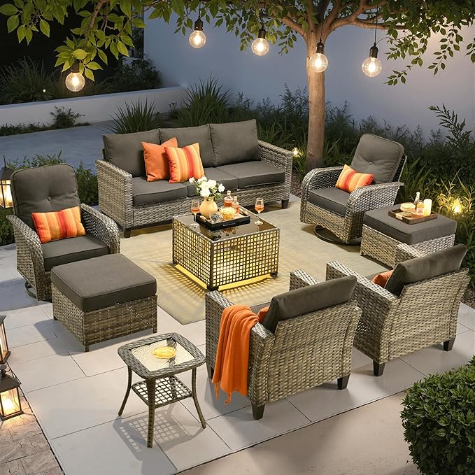 ovios 9 Pieces Patio Furniture Set, Outdoor Wicker Sofa Couch with Rocking Swivel Chairs Solar Lights Table, Modern Deep Seat Rattan Conversation Sets for Porch Deck, Black