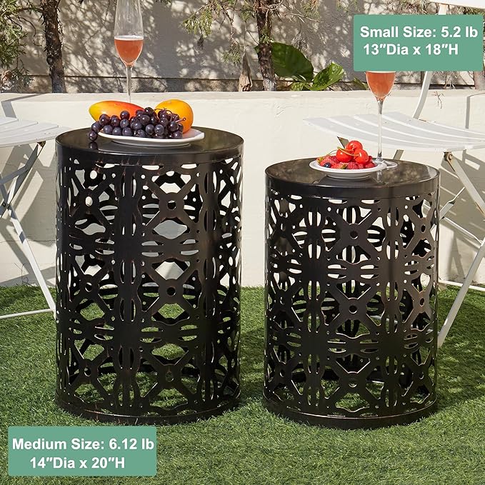 Y&M Set of 3 End Tables, Nesting Metal Round Coffee Table, Heavy Duty Metal Plant Stand Garden Stool, Outdoor Multifunctional Use Black with Bronze (Ship from US)