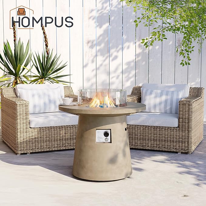 HOMPUS Outdoor Propane Fire Pit, 31-inch Round Gray Propane Fire Pit with 10 lbs Aqua Blue Fire Glass, 40000 BTU Gas Smokeless Fire Pit, Patio Concrete Fire Pit with Lava Rocks and Rain Cover