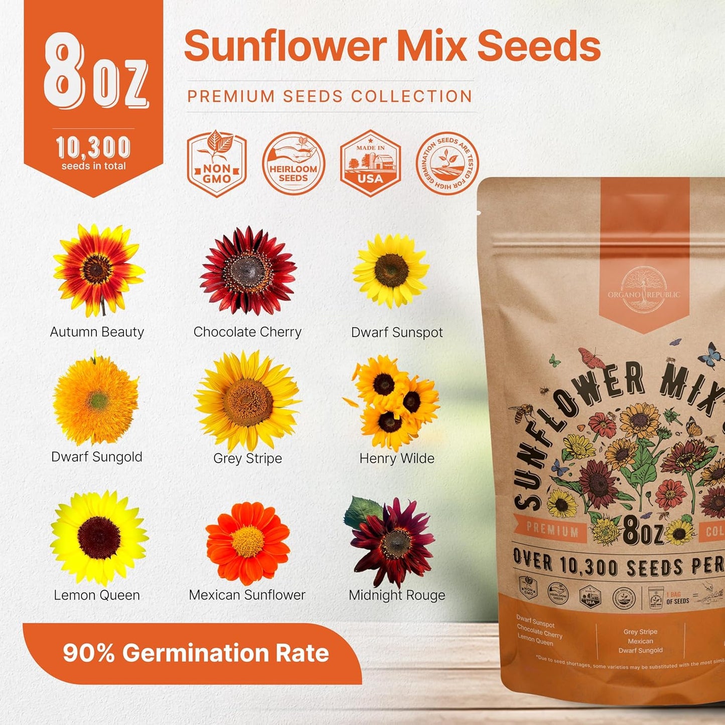Sunflower Mix Seeds Pack 8 oz - Over 10,300 Non-GMO Heirloom Sunflower Seeds for Planting, Annual Flowers in Individual Seed Packet for Planting Home Garden Indoor & Outdoor Gardening