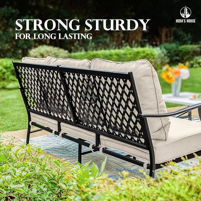 HERA'S HOUSE 5 Pieces Patio Furniture Set, 2 x Cushioned Rocking Chair, 2 x Ottoman, 1 x 3-Seat Sofa, All Cushioned 7 Seats Outdoor Conversation Set for Lawn Garden Backyard