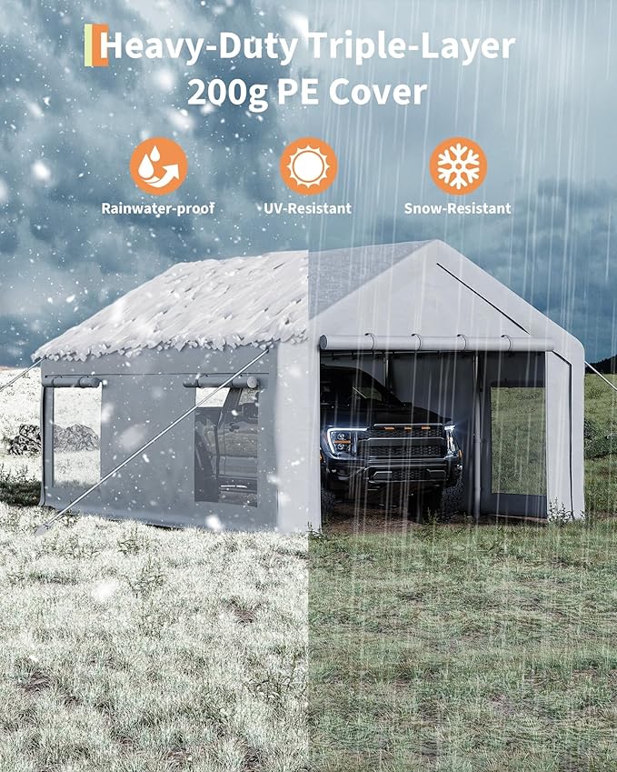 12x20 Ft Carport, Heavy Duty Portable Garage with Roll-Up Doors & 4 Windows,200g PE Tarp Waterproof & UV Protected,All-Weather Design,for Car, Boat, Truck, Motorcycle, ATVs, and SUV