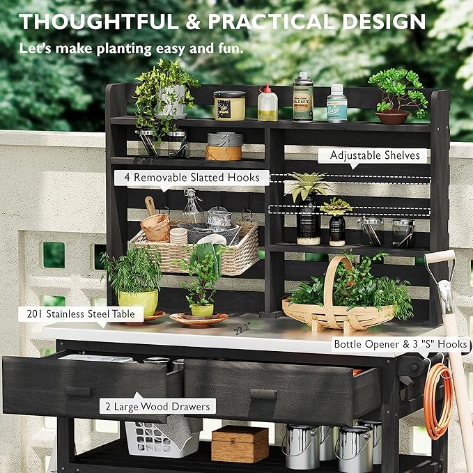 Polibi 64.9" H Outdoor Potting Bench Table with Lockable Wheels,Solid Fir Wood Outdoor Kitchen Island (Black)