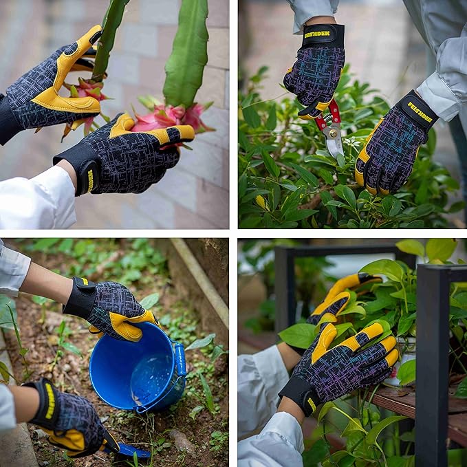 Gardening Gloves for Women and Men, Touchscreen Sheepskin Leather Garden Work Glove for Flex Breathable Yard Working