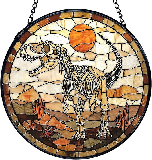 TNUW Dinosaur Skeleton Stained Glass Window Hanging, Prehistoric Dino Fossil Sunset Landscape SunCatchers Indoor Window Glass Round Wall Art Decor, Dinosaur Wall Hanging Decorations, 7.9＂x7.9＂