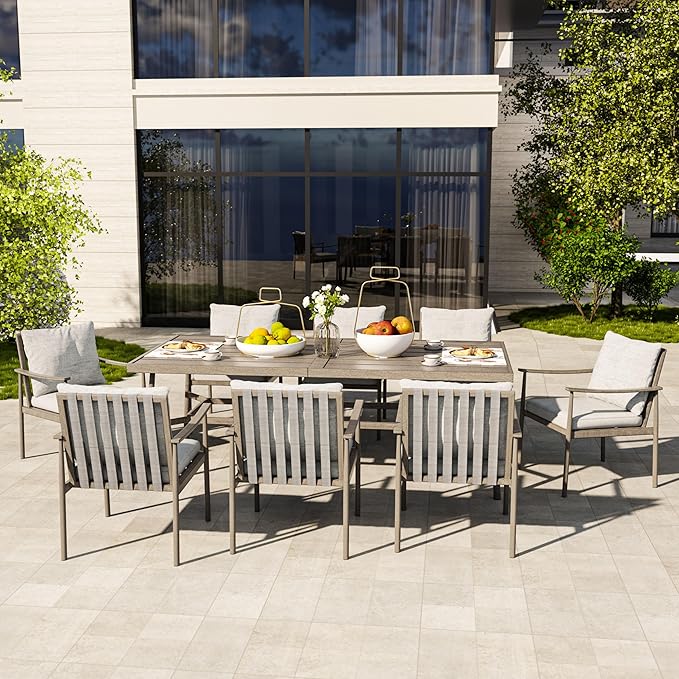 HAPPATIO 9-Piece Patio Table and Chairs Set for 8, Aluminum Outdoor Dining Set with Cushions, 8 Dining Chairs, 1 Large Rectangular Table with Umbrella Hole for Lawn, Porch, Backyard, Grey