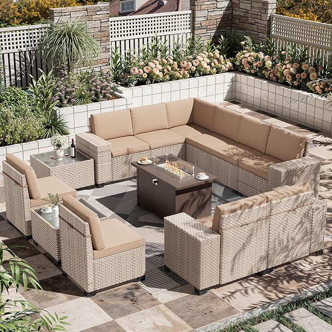 13 Pieces Patio Furniture Set with Metal Fire Pit Table, Outdoor Sectional Wicker Sofa with Thick Cushions and Coffee Table, High Back Rattan Patio Conversation Sets, Khaki