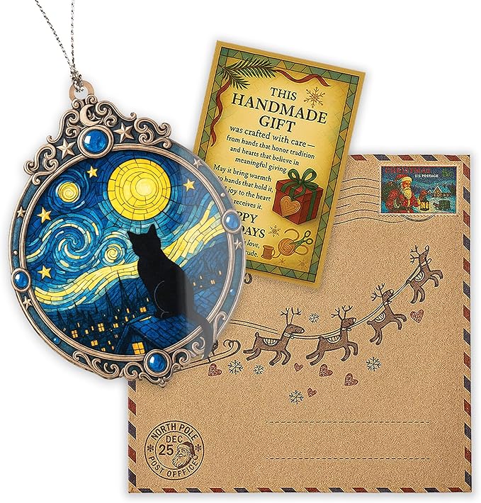 Black Cat Starry Night Ornament – black cat – christmas ornament – van gogh decor – cat gifts – Suncatcher effect window hanging – Car Hanging