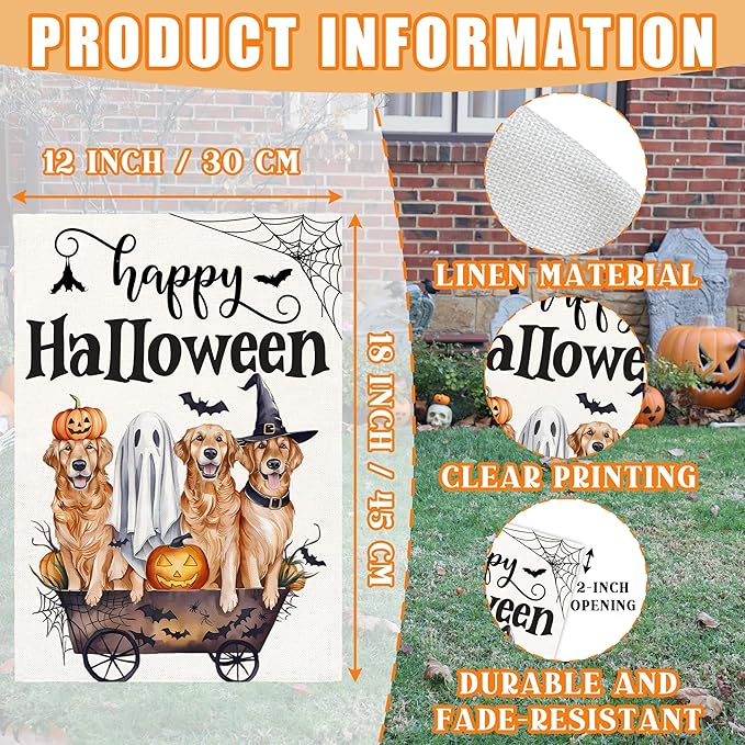 Happy Halloween Garden Flag for Outside, 12x18 Inch Double Sided Halloween Dog Pumpkin Ghost Bats Yard Flag, Farmhouse Small Yard Flags for Outdoor Decorations, Holiday Decor Gifts-A03