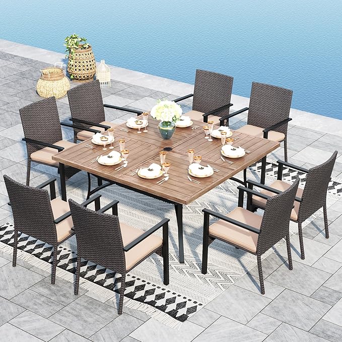 Sophia & William 9 Pieces Patio Dining Set for 8, Square Outdoor Table with Umbrella Hole, 8 Rattan Chairs with Cushions, Large Patio Table and Chairs Set